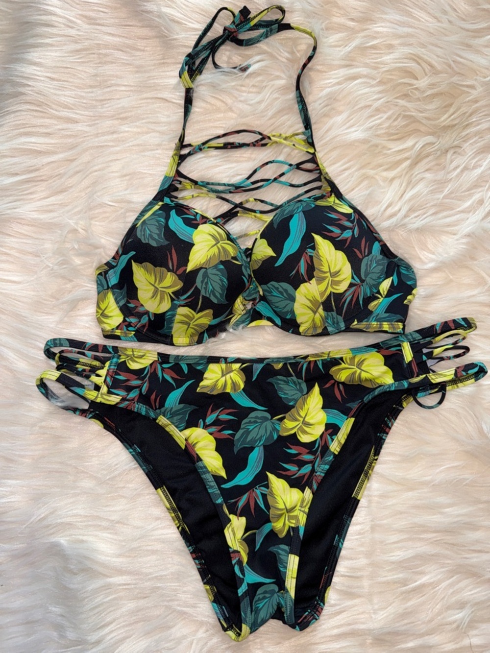 VICTORIA'S SECRET Strappy Black Yellow Teal Tropical Bikini Top 32D Bottom Large